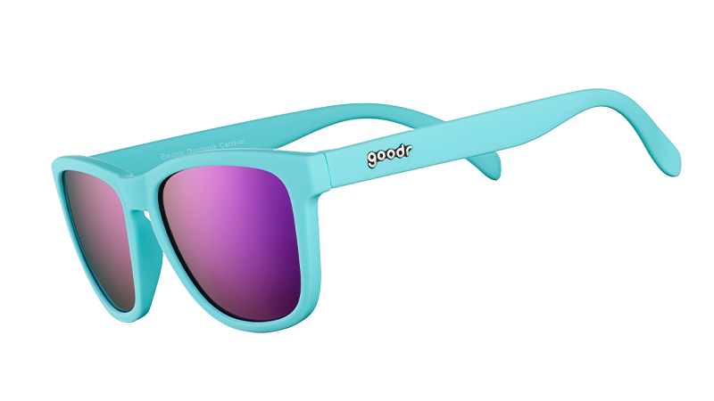 Goodr Electric Dinotopia Carnival - teal frames with purple lenses