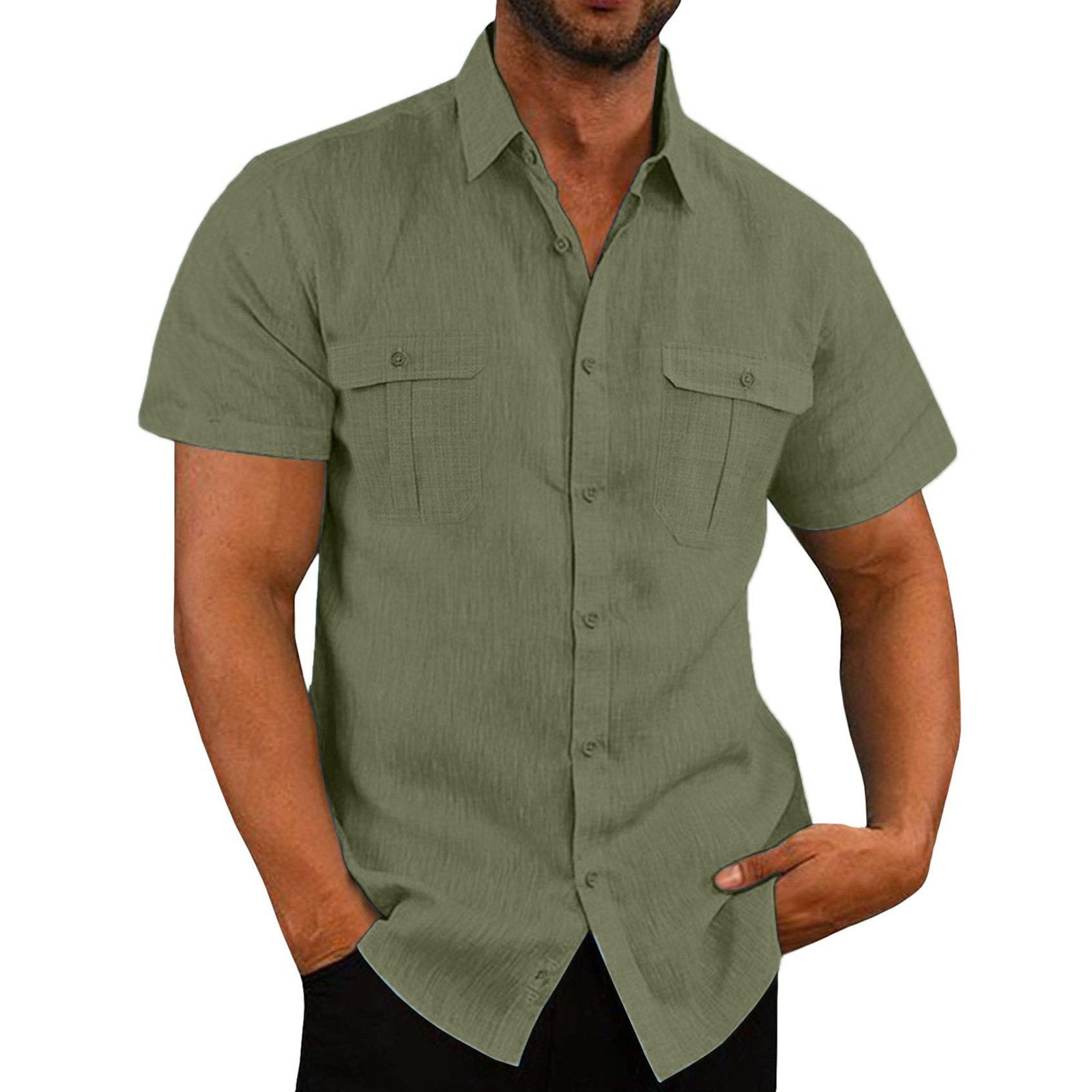 Mens Short Sleeved Flax Blend Shirt - Green