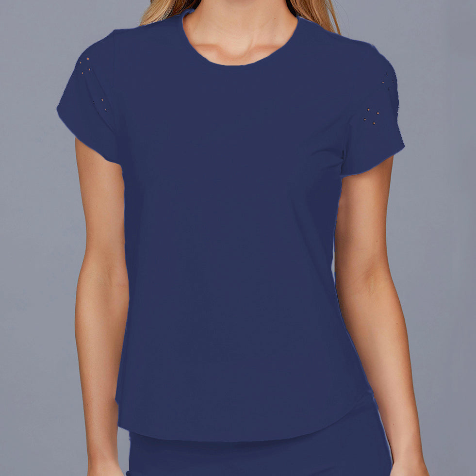 Womens Short Sleeved Eyelet Tee - Navy