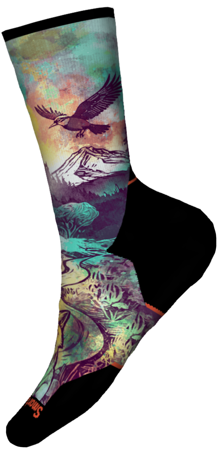 Womens Trail Run Targeted Cushion Serene Peak Print Crew Socks - Dusty Teal